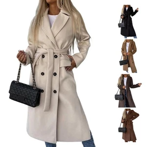 Women Woolen Coat Double Breasted Lapel Collar Long Sleeves with Split Detail - Picture 1 of 25