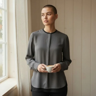 Blusa Vince 100% Gris Seda Longline 6 Mezcla Media Espalda Minimalista Corporatecore Foto 1 de 4