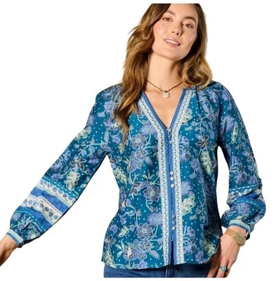 Новый с Ярлыками! Sundance Arvilla синий цветочный шелк хлопок блузка маленький шар рукава богемное - Изображение 1 из 4