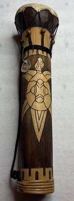 Tribal Djembe Drum with Carved Turtle Design 18Inch Tall Handmade In Bali - Image 1 of 4