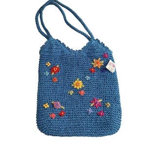 St. John's Bay NWT Y2K Vintage Blue Straw Look Tote Bag Floral Embroidery - Picture 1 of 9