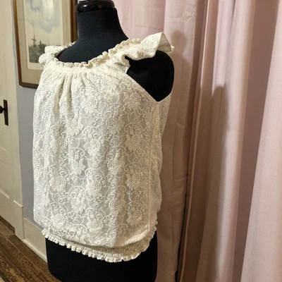Kenar Women’s M Cream Sleeveless Blouse Top Lace Overlay Stretch Waist Cap Slvs - Image 1 of 4