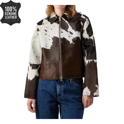 Women’s Cowhide Leather Fringe Jacket Real Hair-On Hide | Western Biker Handmade - Image 1 of 4