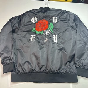 OBEY Bomber Jacket Mens L Black Satin Embroidered Rose Spider Snaps Streetwear - Picture 1 of 18