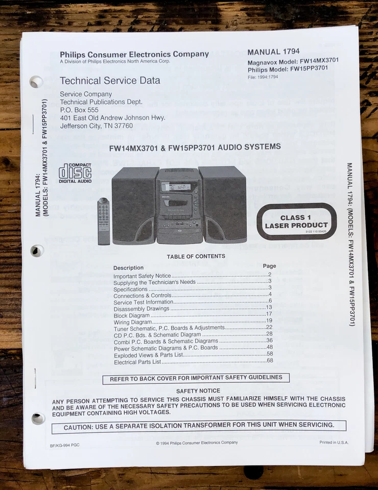 Manual de servicio Magnavox / Philips FW14MX3701 FW15PP3701 FW14MX FW15PP *Original* Foto 1 de 1