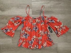 Lulu’s Women’s Blouse Shirt Knit Top Cold Shoulder Orange Floral M New NWT - Picture 1 of 8