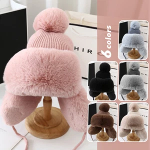 Women Girls Fur Trapper Knitted Hat Pompom Cap Russian Ushanka Ski Winter Warm - Picture 1 of 16