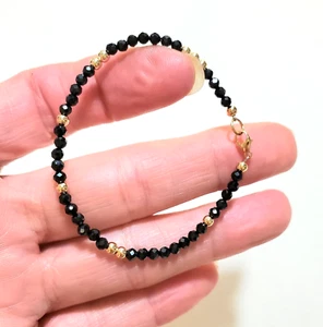 14k Solid Yellow or Rose Gold Black Tourmaline 3mm Faceted Bead bracelet - Picture 1 of 9