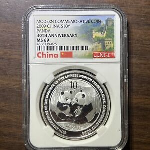 2009 China 10 Yuan S10Y 1oz .999 Silver Panda NGC MS69 30th Ann Great Wall Label