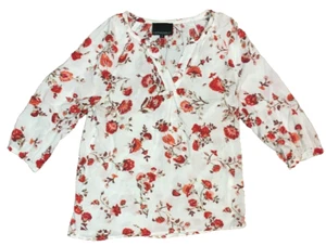 Cynthia Rowley 3/4 Sleeve Floral V Neck Tunic Top Blouse, White Red, S - Picture 1 of 6