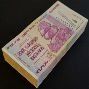 100 x 500 Million Dollars Zimbabwe Banknotes Bundle 2008 Authentic Currency COA - Picture 1 of 3