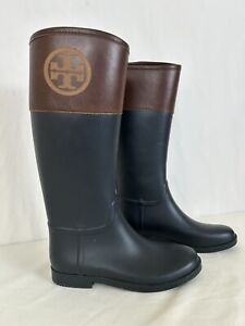 Tory Burch Diana Knee High Rubber Rain Boots Leather Top Size 10 B Matte