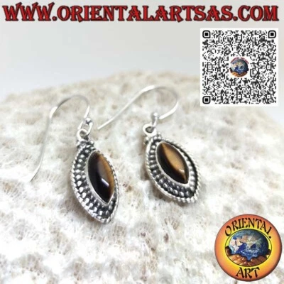 Orecchini in argento 925 ‰ a navetta con occhio di tigre contornato da sfere - Immagine 1 di 4