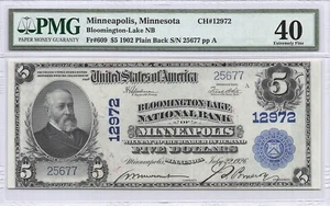Bloomington Lake National Bank Minneapolis, MN $5 1902 Plain Back PMG 40 - Picture 1 of 2