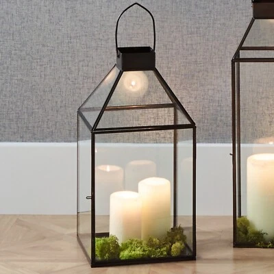 Large Black Metal and Glass Lantern Indoor Outdoor Candle Holder with Handle - Image 1 of 4