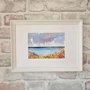 Original Small Coastal Floral Sunny Landscape Watercolour Painting Framed - Picture 1 of 9