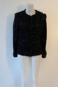 Womens Lanvin Black Rhinestone & Metallic Fringe Button Down Cardigan Sweater L - Picture 1 of 10