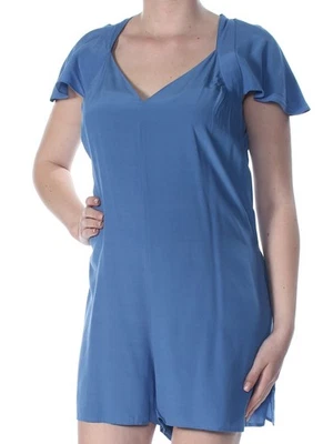 FRENCH CONNECTION Womens Blue Open Back Short Sleeve V Neck Romper 2 - Image 1 of 4