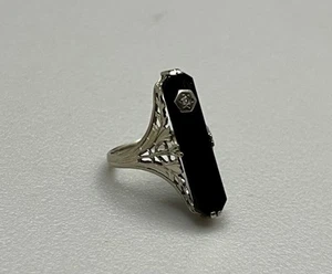 Gorgeous Vintage 14K Solid White Gold Art Deco Onyx & Diamond Estate Ring s4.75 - Picture 1 of 9