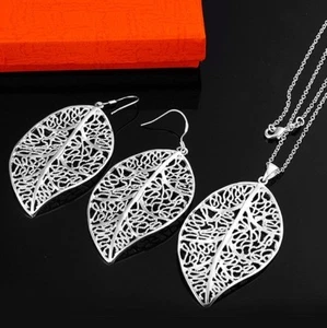 Conjunto de pendientes collar cadenas colgantes hoja grande joyería plata esterlina 925 para mujer - Imagen 1 de 7