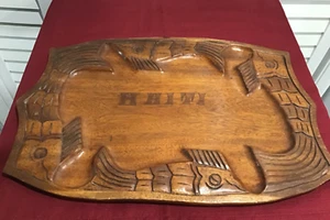 Vassoio da portata in legno intagliato a mano tema pesce Haiti vintage grande 23” x 15” - Foto 1 di 4