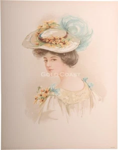 Woman w/Large Hat & Flowers 1908 Victorian Color Litho 10x13 Print - 4 - Picture 1 of 1