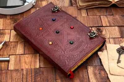 Pentagram hand embossed journal with colorful stone leather journal book - Image 1 of 4