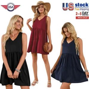 Women's Classic Sleeveless Dress Casual Loose Charming Flowy Swing Shift Dress - Picture 1 of 17