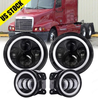 For Freightliner Century Class 7"INCH LED Headlights Projector DRL +4" Fog Light - Image 1 of 4