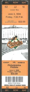 6/4/99  ORIOLES VS PHILLIES  FULL TICKET  EX/MT+  ALBERT BELLE  CAREER HR #331 - Picture 1 of 2