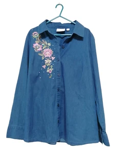 Camisa Denim Quacker Factory Azul Floral Bordado Estrás Talla S - Imagen 1 de 4