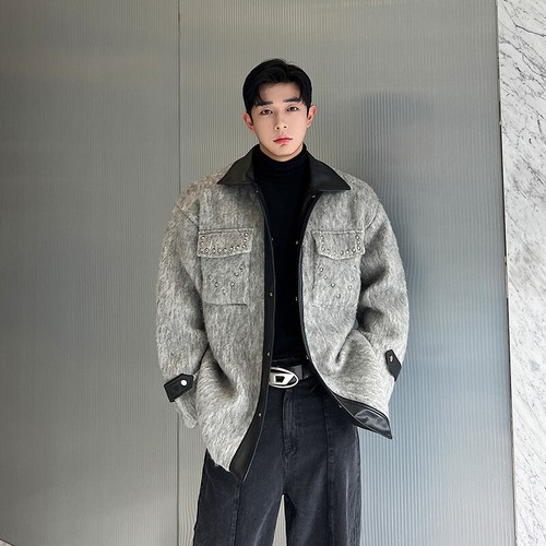 VETEMENTS Giacca Lana Retro Pelle PU Giunti In Lana Uomo Rivetti Metallo Decorato Casual Cappotto