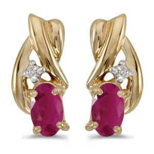 10k Yellow Gold Oval Ruby And Diamond Earrings - Picture 1 of 3