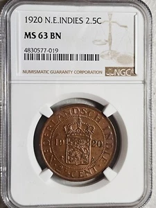 Netherlands East Indies 2.5 Cents 1920 NGC MS 63 BN - Picture 1 of 2