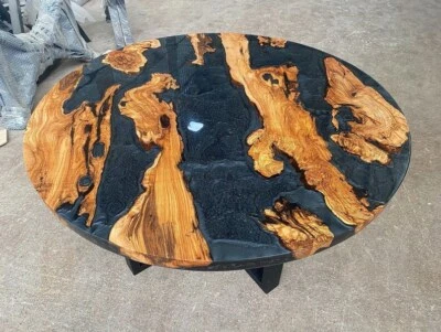 Mesa de comedor redonda epoxi gris metálico de madera de olivo pedido personalizado - tapa de resina Foto 1 de 4