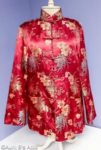 Vintage Y2K Asian Style Red/Gold Floral Print Quilted Rayon Pocketed Jacket - Picture 1 of 6