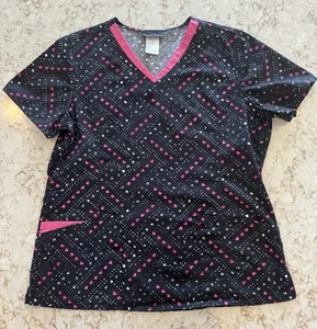 Cherokee Scrub Top Black Pink Heart/Polka Dot Pattern Large - Picture 1 of 6
