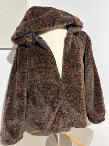 Nine West Kunstfell Damen Leopard Reißverschluss Kapuze Jacke Cropped mit Taschen XXL - Bild 1 von 4
