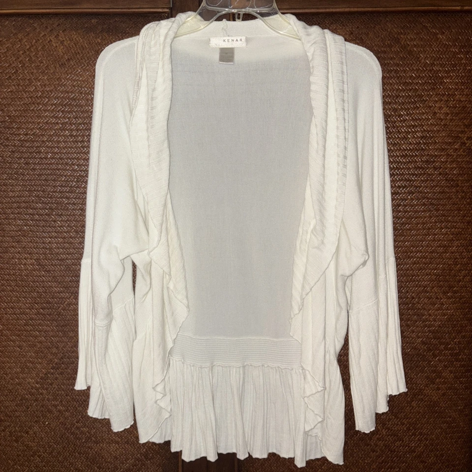 Cardigã de malha KENAR marfim frente aberta cascata babado manga média 3/4 peplum FR S - Imagem 1 de 4