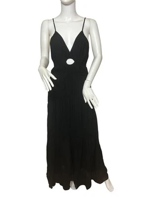 YFB Dress M Black Maxi Tiered Ruched Straps Party Cocktail V-Neck Keyhole Lined - Image 1 of 4