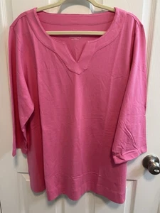 Denim Co Essentials XL Pink Split V-neck 3/4 Sleeve Top Stretch A292197 - Picture 1 of 10