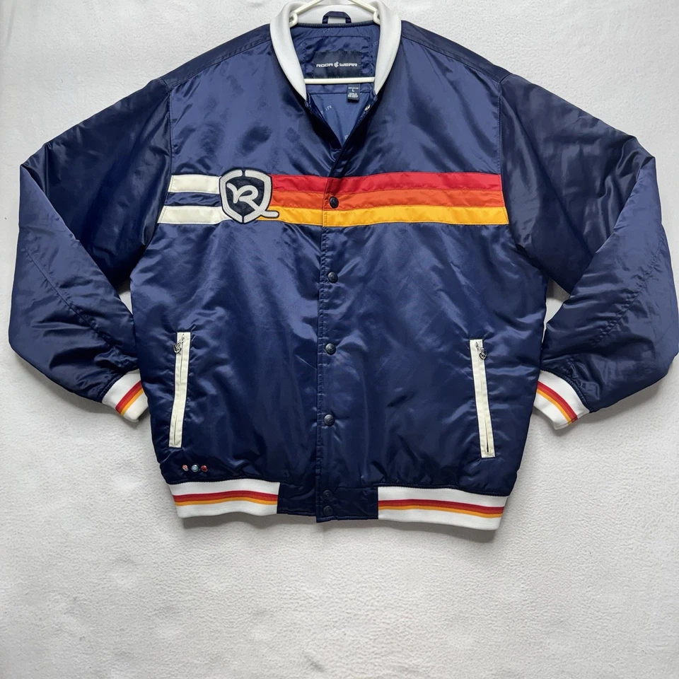Vtg Rocawear Embroidered Logo Striped Bomber Varsity Jacket Mens L - Image 1 of 4