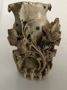 Asian Antique Carved Soapstone Vase w/ Intricate Flowers & Birds 10” Tall 7” W - Picture 1 of 17