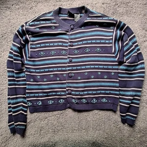 Lizwear Sweater Womens Medium Blue Purple Striped Beaded Cardigan Knit Retro - Picture 1 of 11