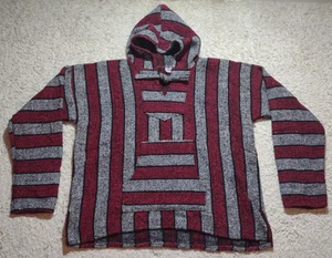 Mexican Poncho Hoodie Men's L Red Black Woven Drug Rug Blanket Baja Hippie Beach - Picture 1 of 7