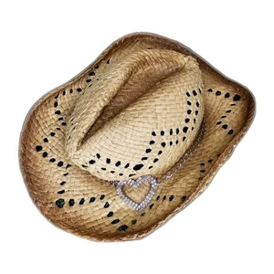 VTG Straw Cowgirl Hat Rhinestone Heart Wire Brim Western Rodeo Festival Y2K Wmns - Picture 1 of 7