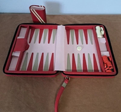 Vintage Travel Backgammon Game red zip fold case  - Image 1 of 4