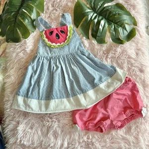 Ricrac & Ruffles Watermelon Blue Pink Polka Dot Adjustable Tunic & Shorts Sz 4T - Picture 1 of 16