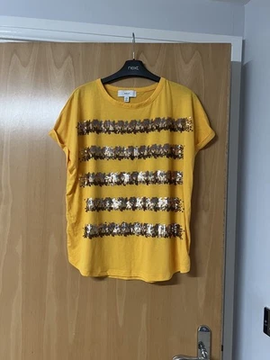 NEXT WOMEN’S ORANGE VISCOSE MIX TOP WITH BROWN/GOLD SEQUINS PATTERN SIZE 10  - Image 1 of 3