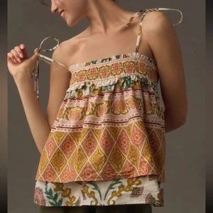 Anthropologie Sarah Hann gelbes Motiv bedrucktes Babydoll Tanktop gesmokt XL - Bild 1 von 8